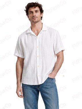 ZARA Men White Cotton Linen Resort Short Sleeve Shirt Size M